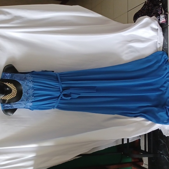 AB Studio Maxi Dress, blue, lace top, belted, L, lined, NWT - Picture 1 of 9